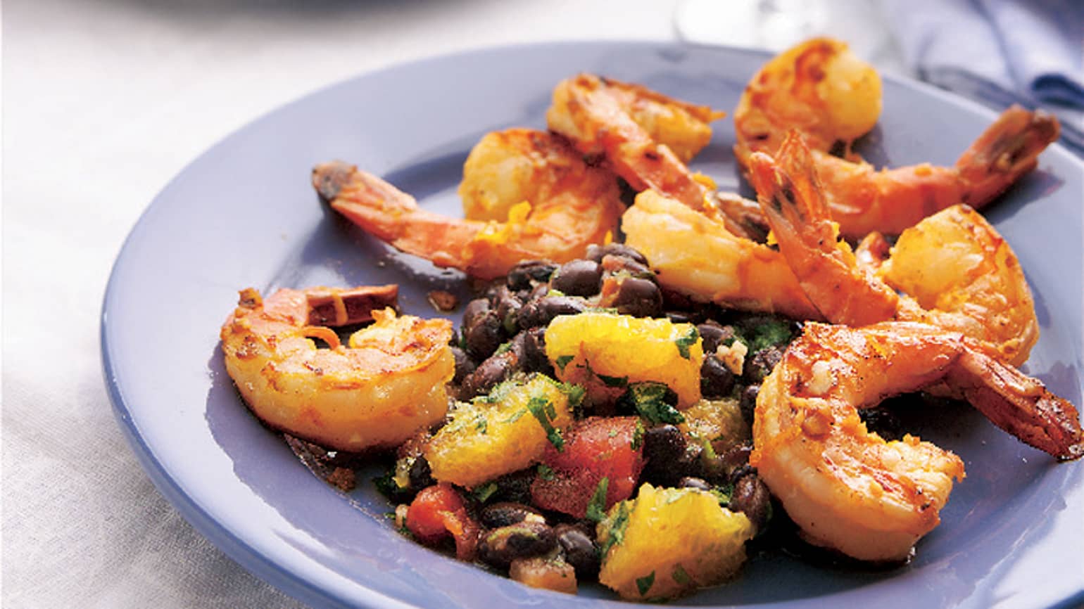 calypso prawns with black bean citrus salsa